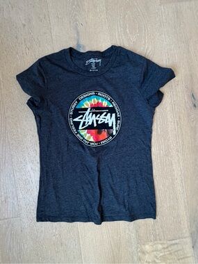 Y2K Stussy Black Tee with Multicolor Tie-Dye Circle Logo